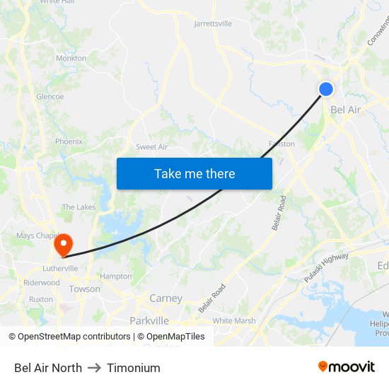 Bel Air North to Timonium map