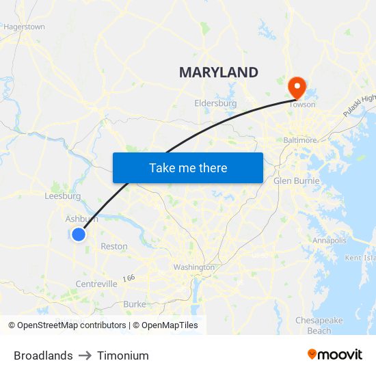 Broadlands to Timonium map