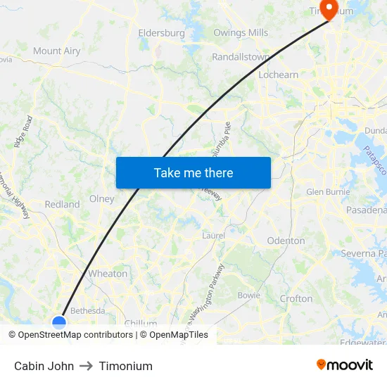 Cabin John to Timonium map