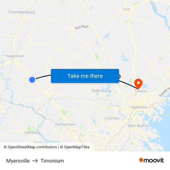 Myersville to Timonium map