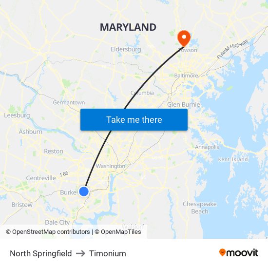 North Springfield to Timonium map