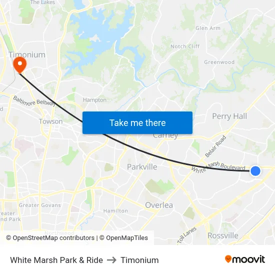 White Marsh Park & Ride to Timonium map