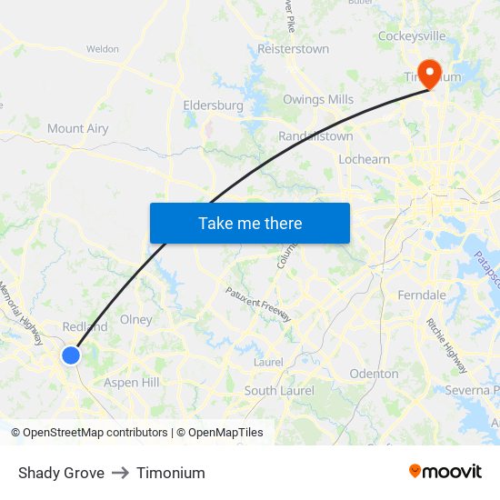 Shady Grove to Timonium map