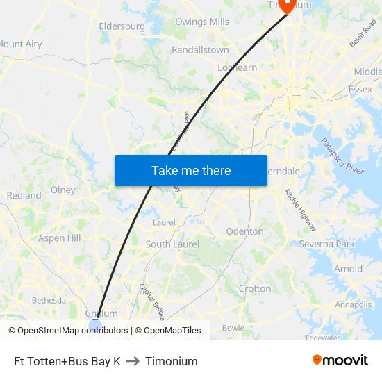 Fort Totten+Bay K to Timonium map