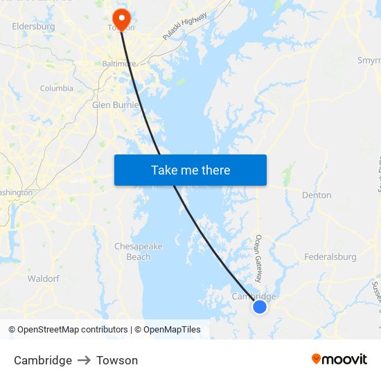 Cambridge to Towson map