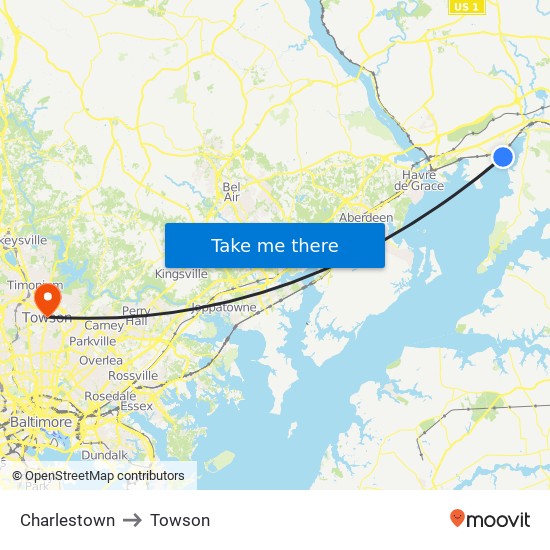 Charlestown to Towson map