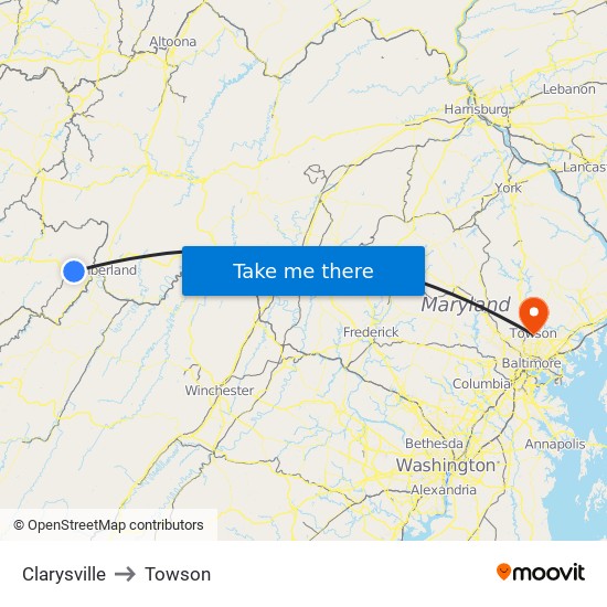 Clarysville to Towson map