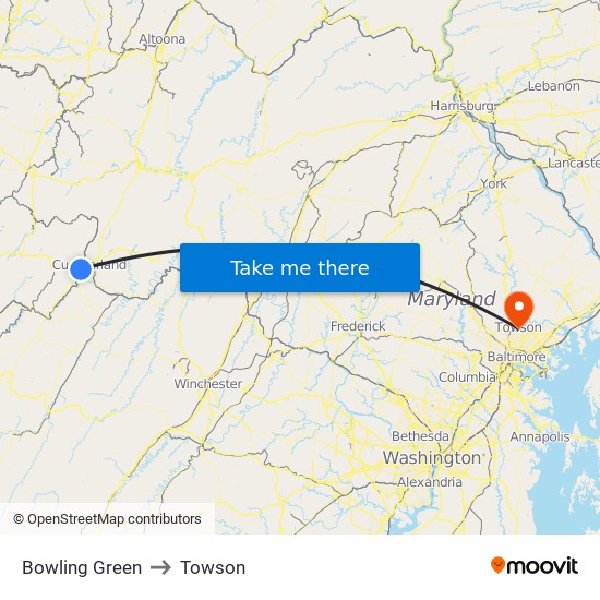 Bowling Green to Towson map