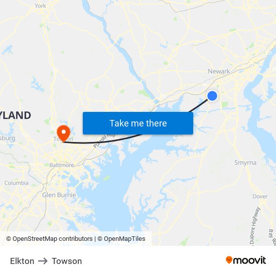 Elkton to Towson map