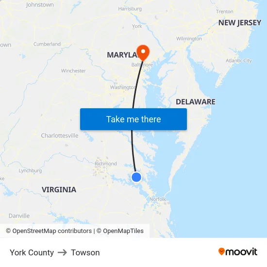York County to Towson map