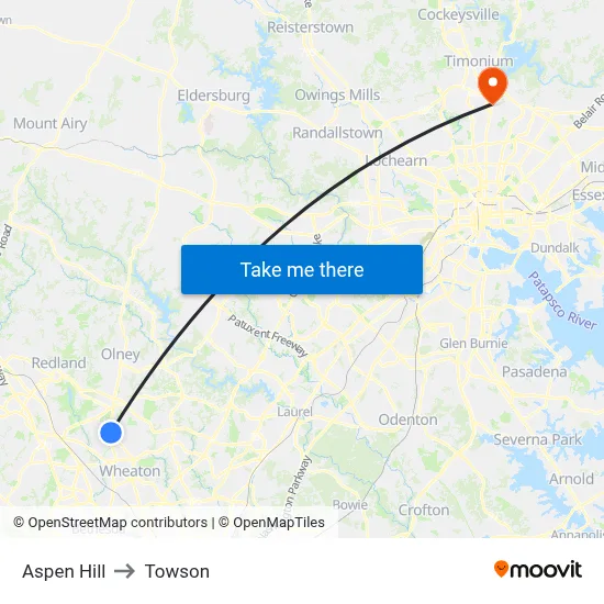 Aspen Hill to Towson map