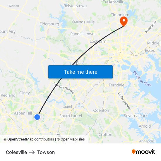 Colesville to Towson map