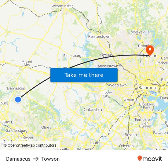 Damascus to Towson map