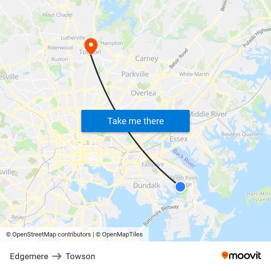 Edgemere to Towson map