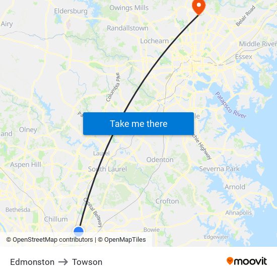 Edmonston to Towson map