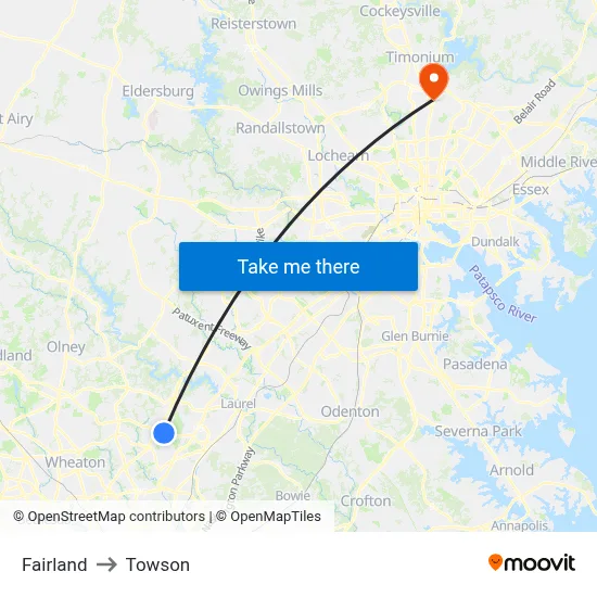 Fairland to Towson map