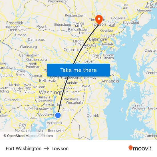 Fort Washington to Towson map