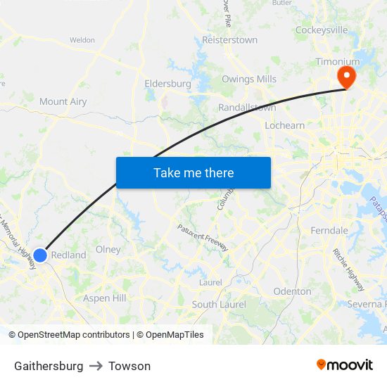 Gaithersburg to Towson map