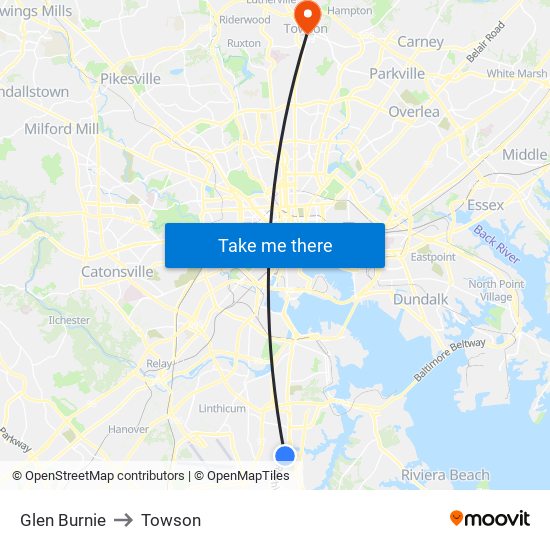 Glen Burnie to Towson map