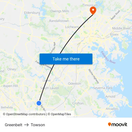 Greenbelt to Towson map