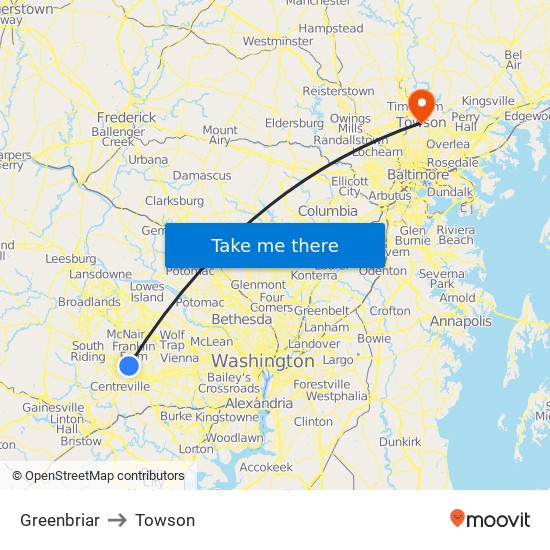 Greenbriar to Towson map