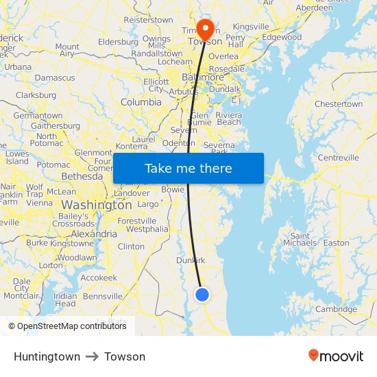 Huntingtown to Towson map