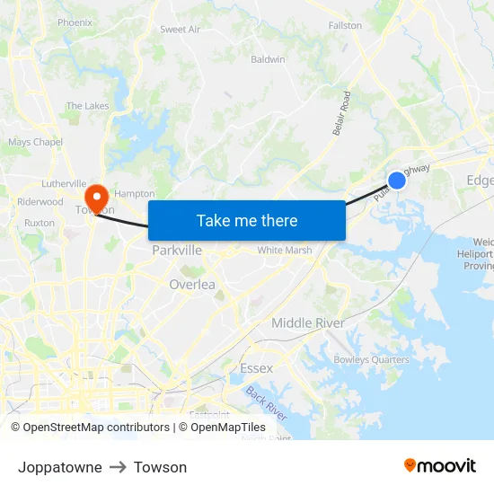 Joppatowne to Towson map