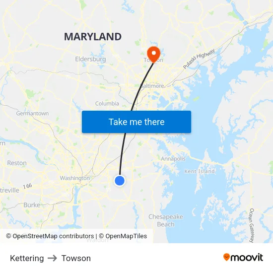 Kettering to Towson map