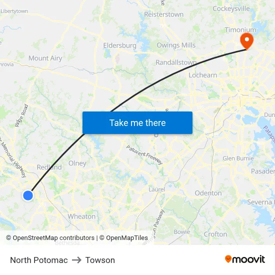 North Potomac to Towson map