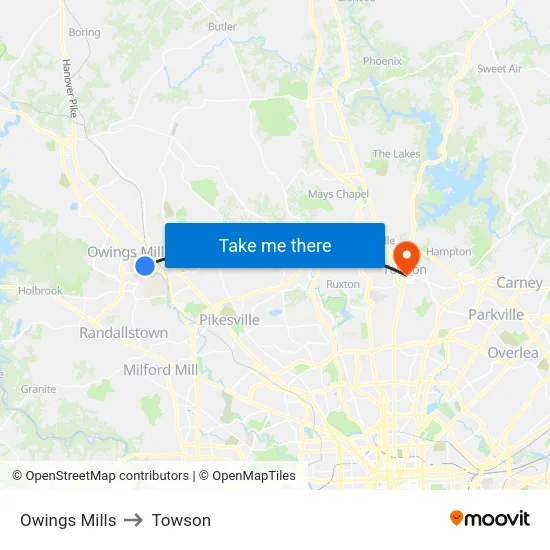 Owings Mills to Towson map
