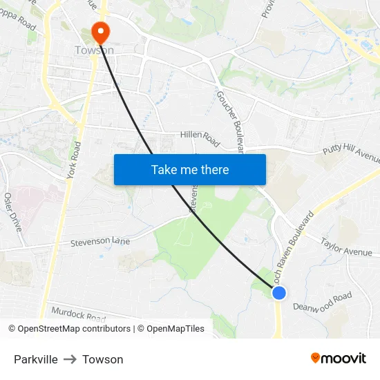 Parkville to Towson map