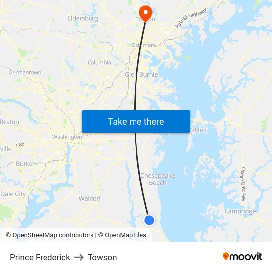 Prince Frederick to Towson map