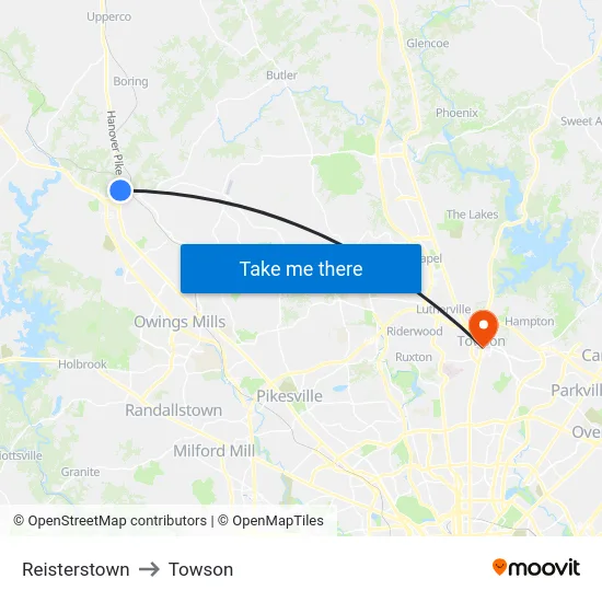 Reisterstown to Towson map
