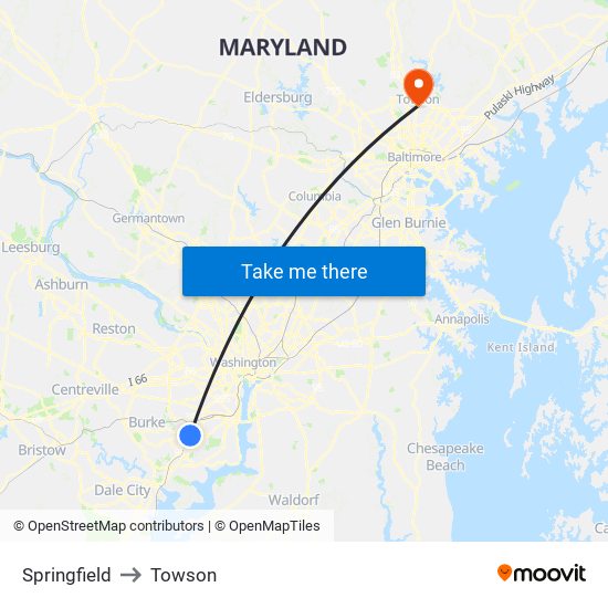 Springfield to Towson map