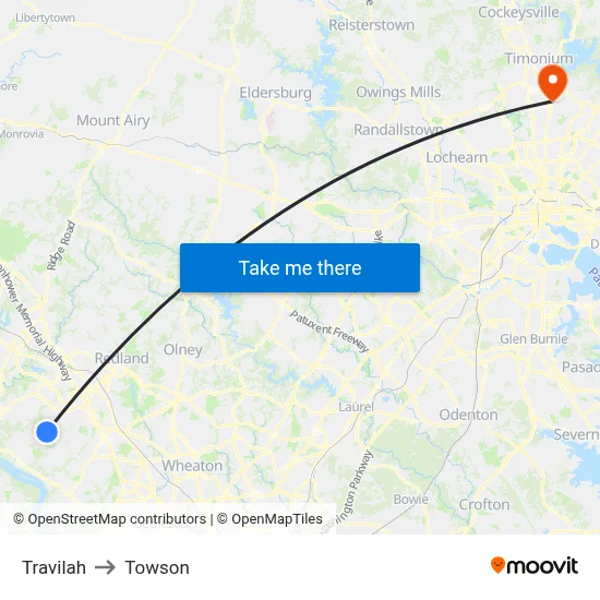 Travilah to Towson map