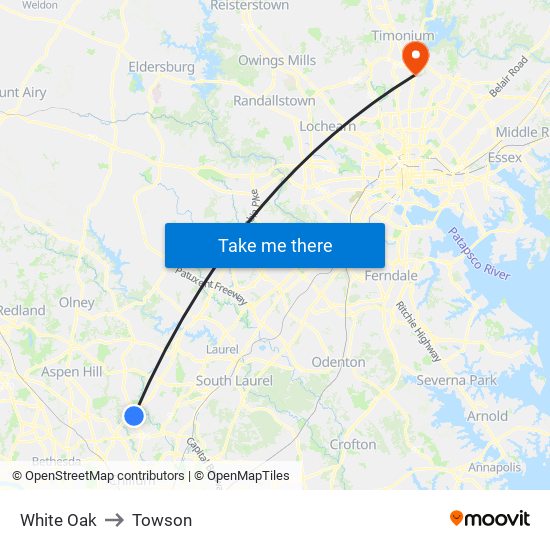 White Oak to Towson map