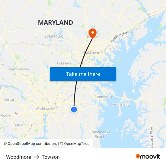 Woodmore to Towson map