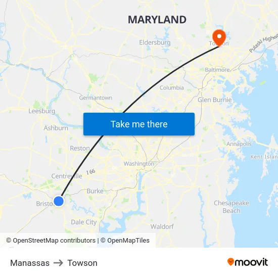 Manassas to Towson map