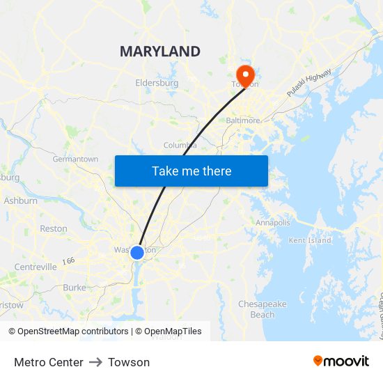 Metro Center to Towson map