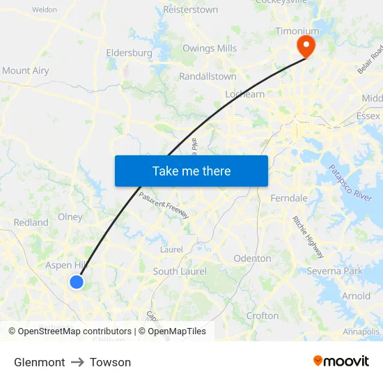 Glenmont to Towson map