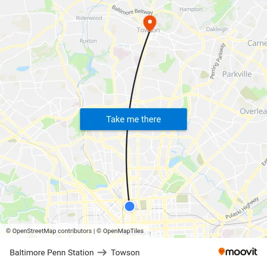 Baltimore Penn Station to Towson map
