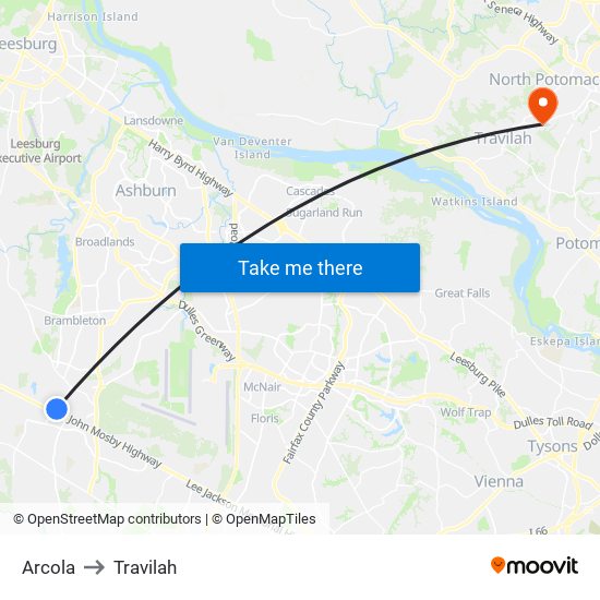 Arcola to Travilah map