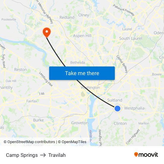 Camp Springs to Travilah map