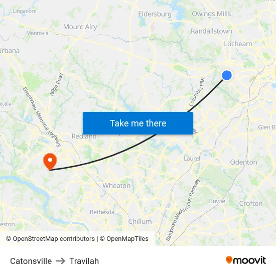 Catonsville to Travilah map