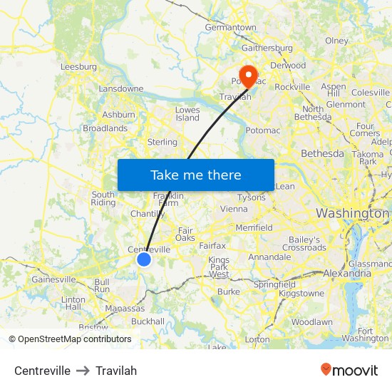 Centreville to Travilah map