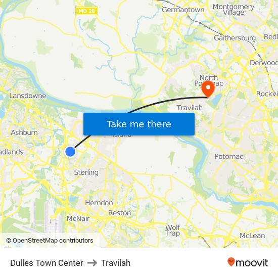 Dulles Town Center to Travilah map