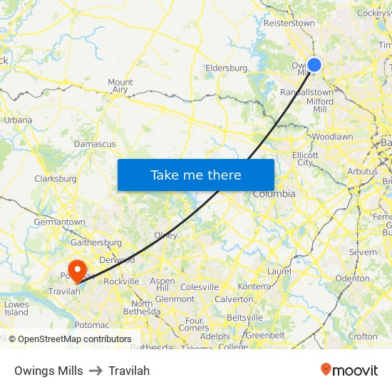 Owings Mills to Travilah map