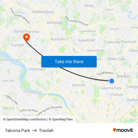 Takoma Park to Travilah map