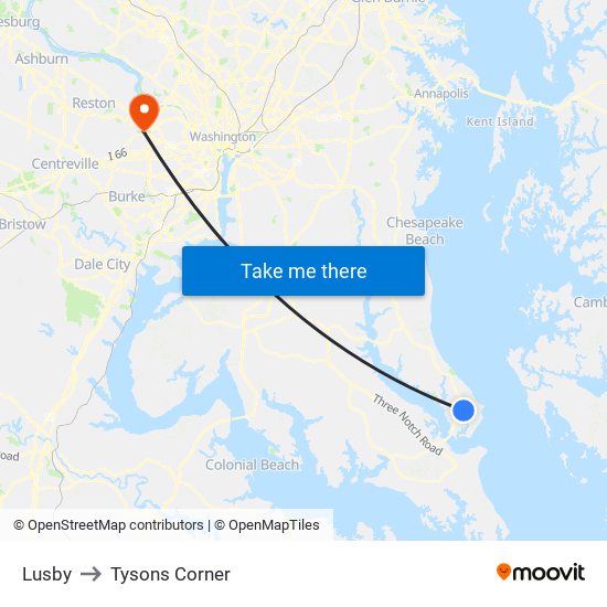 Lusby to Tysons Corner map