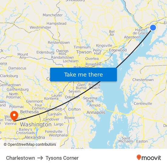 Charlestown to Tysons Corner map